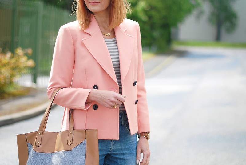Relaxed Spring/Summer Style: Peach double breasted jacket, Breton striped top, boyfriend jeans | Not Dressed As Lamb