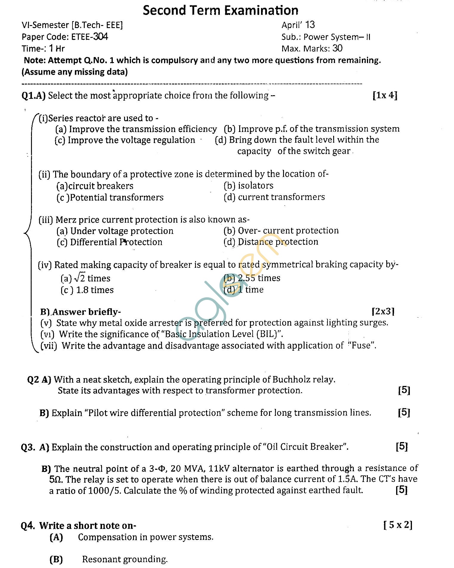 GGSIPU Question Papers Sixth Semester – Second Term 2013 – ETEE-304