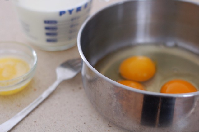 3 eggs, butter and milk for the popover batter by Eve Fox, the Garden of Eating, copyright 2015