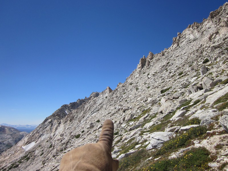 Pointing back to the notch where we crossed the south ridge of Matterhorn Peak onto the southeast slope