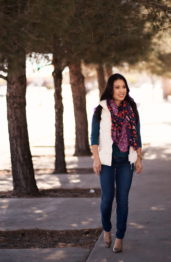 cute & little blog | navy scarf, white quilted puffer vest, teal sweater, henry & belle super skinny ankle jeans outfit