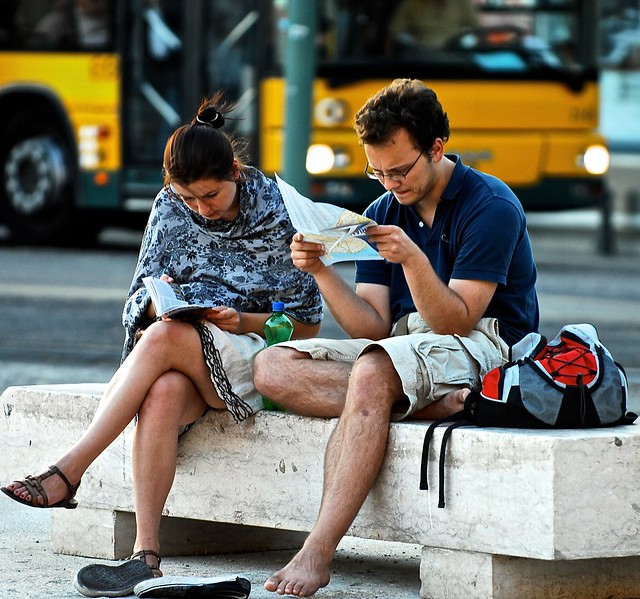 Tourists reading