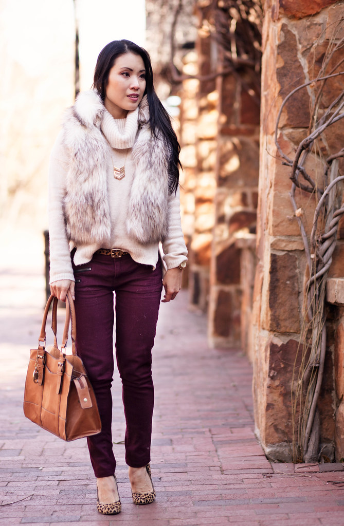 cute & little blog | fur vest, cowl sweater, burgundy pants, leopard pumps | winter style outfit