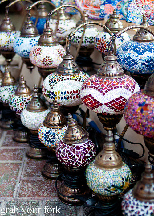 Coloured glass lamps at the Textile Souk in Dubai