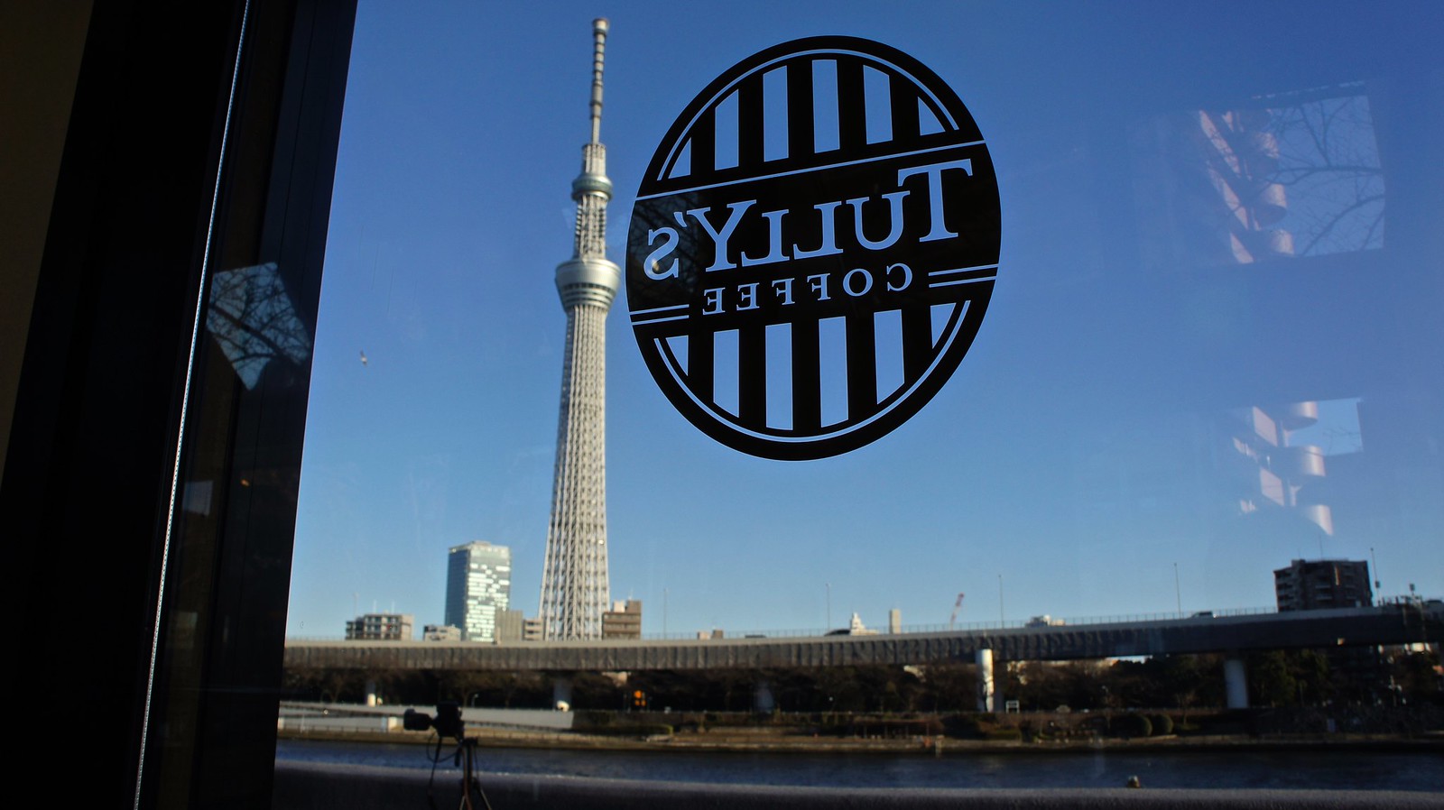 Skytree view from Tully's Coffee Cafe by the Sumida River