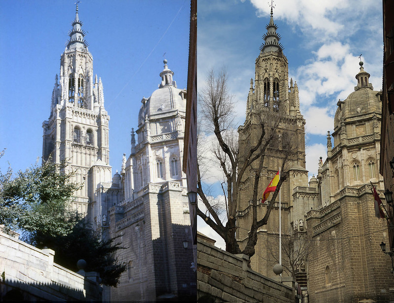 Catedral de Toledo en noviembre de 1961 y en abril de 2016 fotografiada por Piet Welling y Lieke Welling (1961) y Hans Welling (2016)