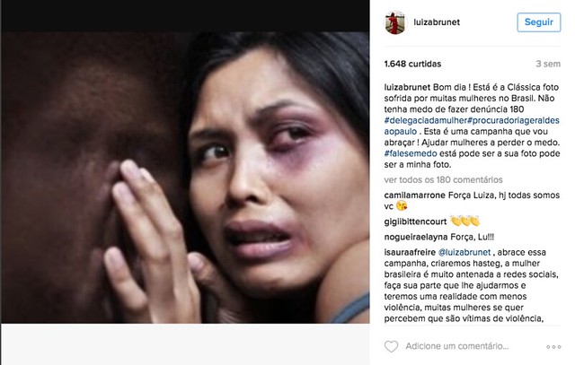 Há três semanas, Luiza Brunet publicou uma imagem em seu Instagram incentivando a denúncia de agressões contra mulheres - Créditos: Reprodução/Instagram