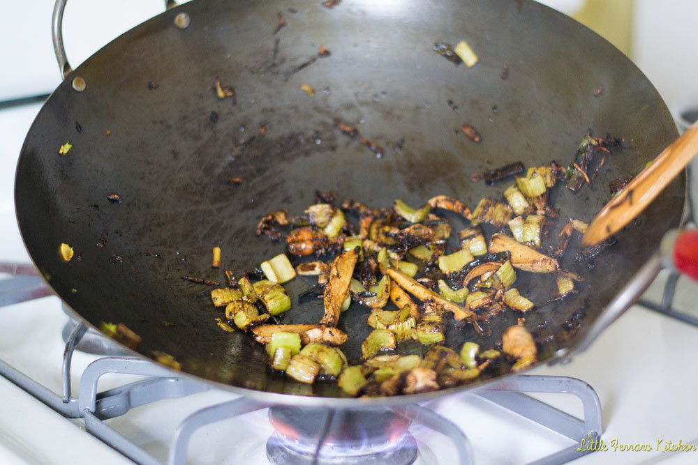 Before making shrimp chow mein recipe, you need to season the wok with aromatics.