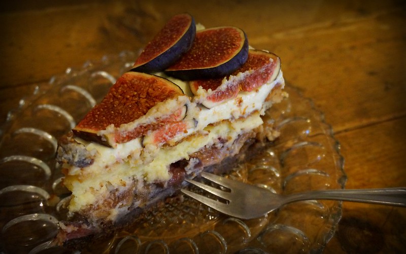 Fig chocolate cheesecake for dessert in Sofia, Bulgaria 