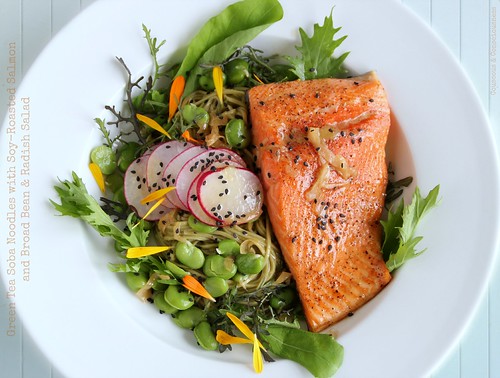 Green Tea Soba Noodles with Soy-Roasted Salmon and Broad Bean & Radish Salad 2