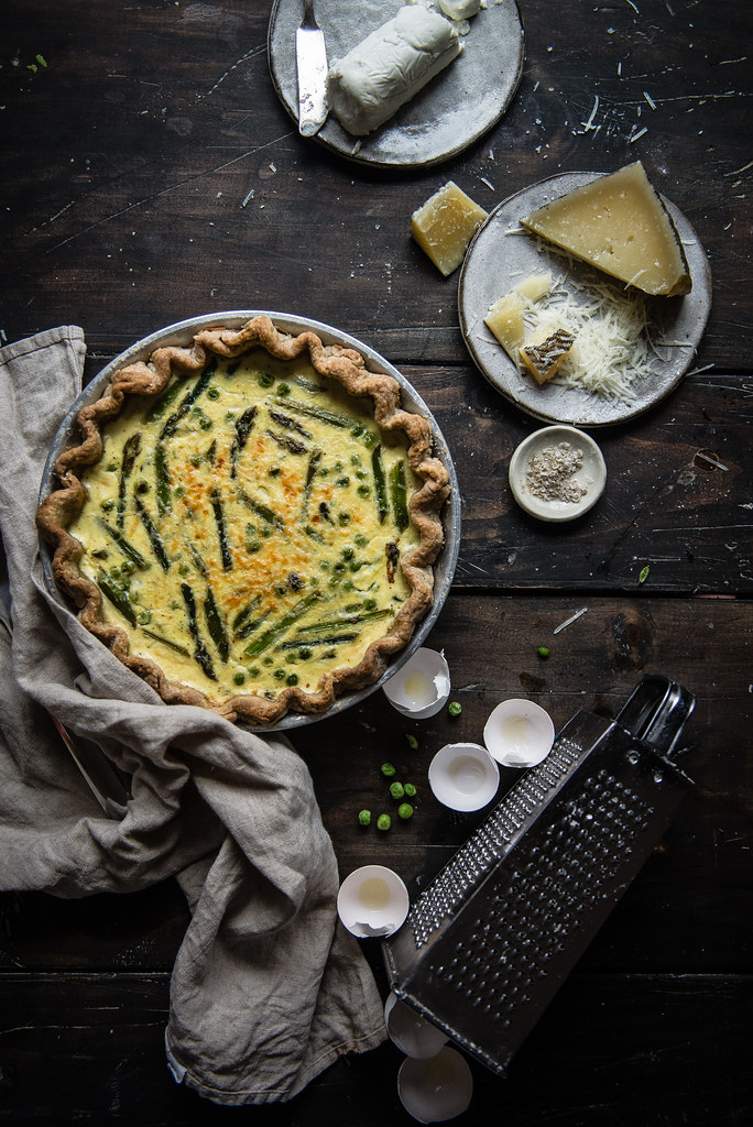 asparagus, spring pea, & goat cheese quiche | two red bowls