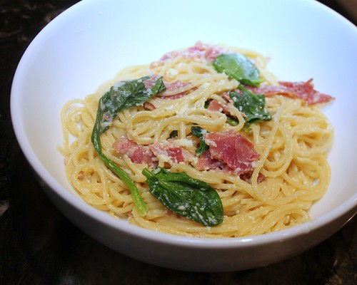 Spaghetti alla Carbonara with Prosciutto and Spinach
