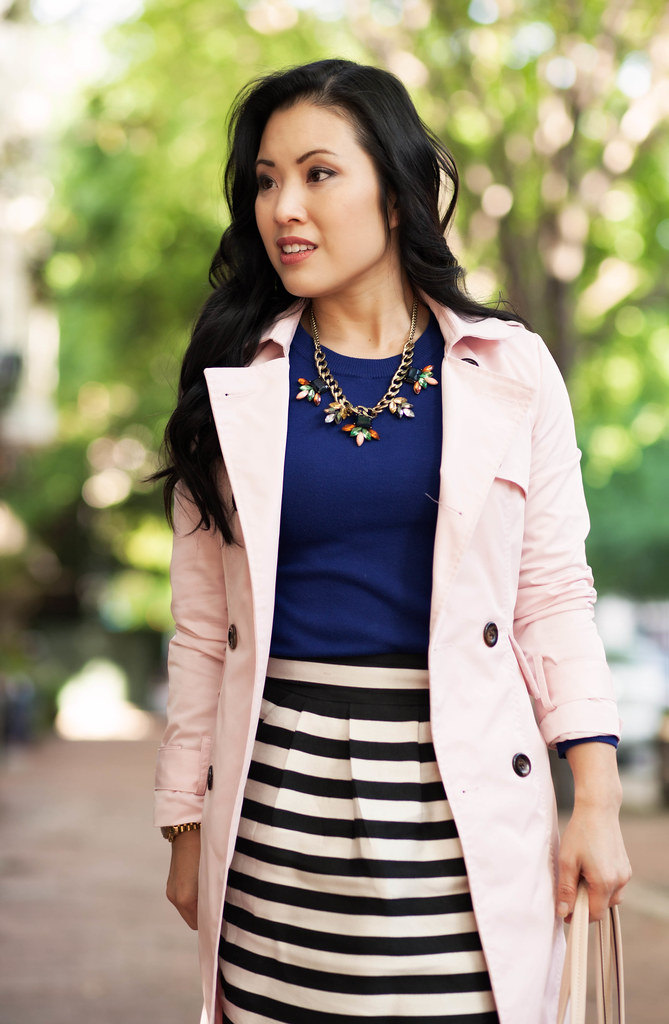 cute & little blog | petite fashion | pink trench, navy sweater, black white striped pencil skirt, statement necklace | spring outfit