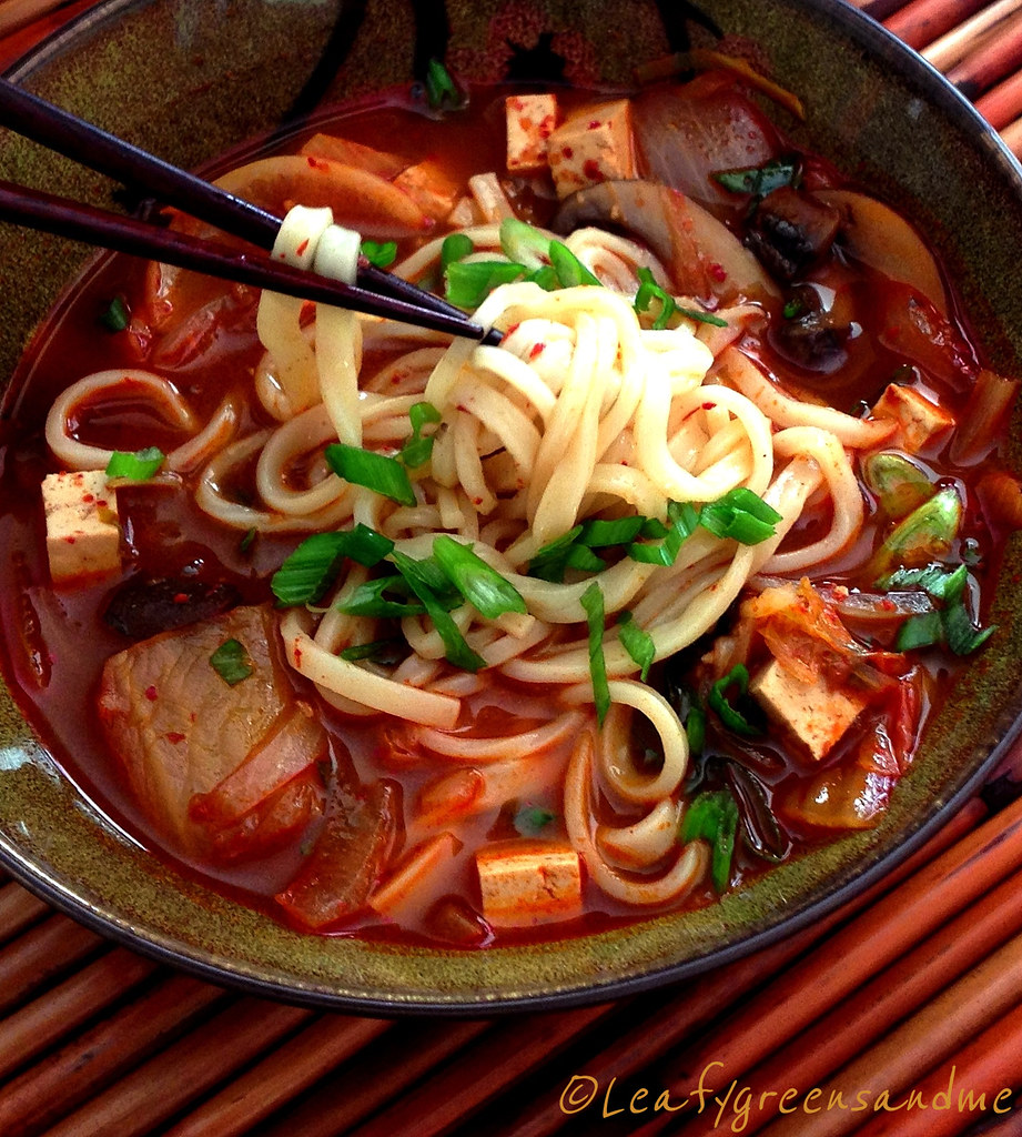 Spicy Korean Kimchi & Tofu Noodle Soup | Leafy Greens and Me