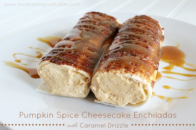 Pumpkin Spice Cheesecake Enchiladas with Caramel Drizzle on a white plate.