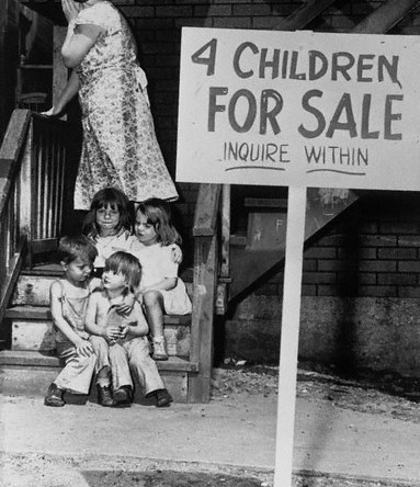 A penniless mother hides her face in shame after putting her children up for sale Chicago 1948