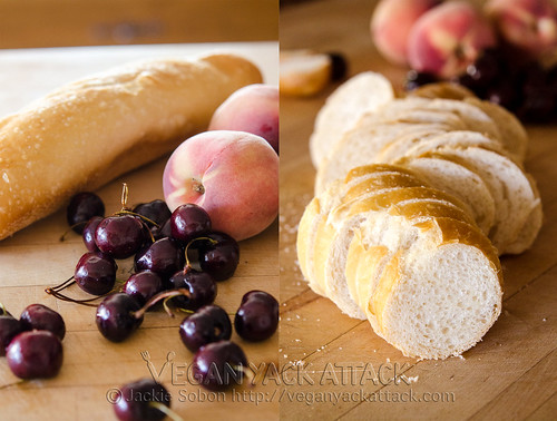 Dark sweet cherries with peaches and sliced bread