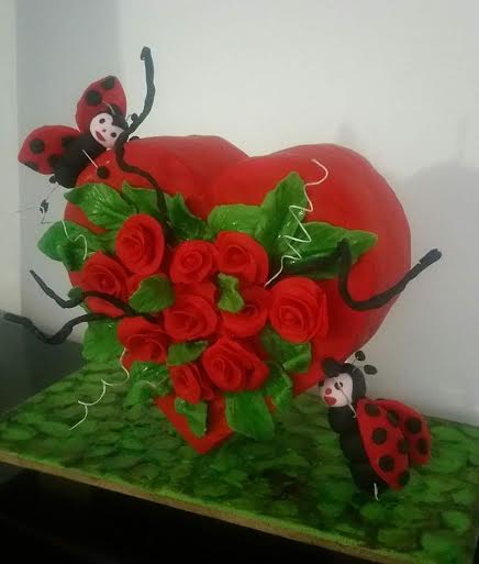 3D gravity defying heart and lady bug chocolate mud cake by Marvellous Cake Creations (Adelaide, South Australia)