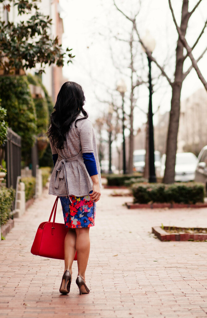 cute & little blog | transitional florals outfit | gray cardigan, navy sweater, floral skirt, red kate spade bag, love necklace