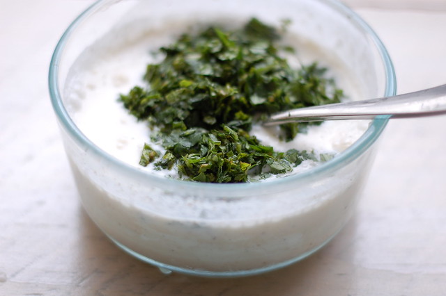Chopped cilantro and mint with sea salt, pepper and creme fraiche by Eve Fox, the Garden of Eating, copyright 2016