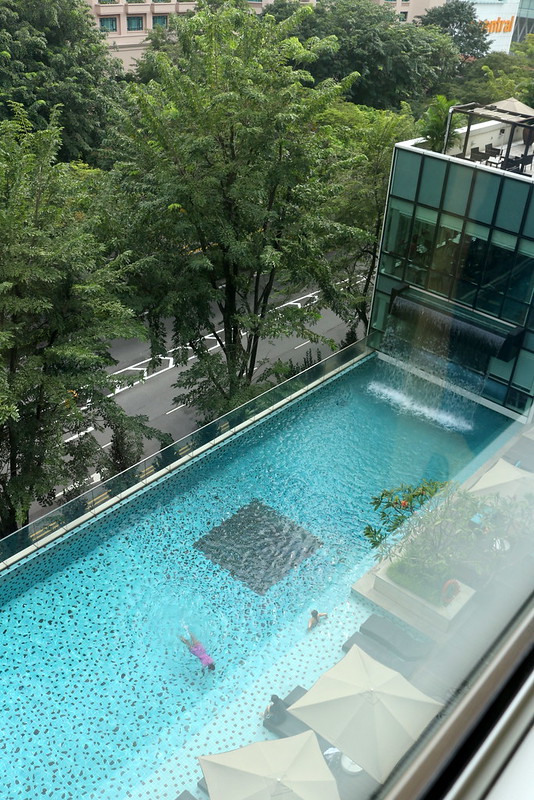 View of pool below; check out water curtain at end!