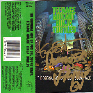 TEENAGE MUTANT NINJA TURTLES: THE ORIGINAL MOTION PICTURE SOUNDTRACK; Cassette Tape // Signed by Partners in Kryme's RICHARD USHER & KEVIN EASTMAN ii (( 1990 ))