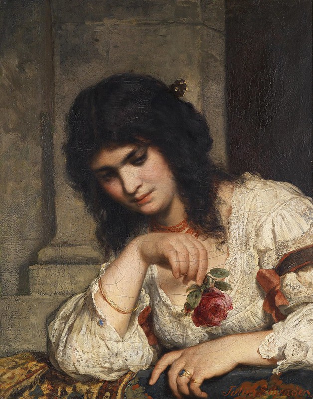 Julius Schrader - Dame an der Brüstung mit Rose (c.1900)
