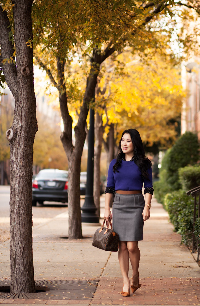 cute & little blog | polka dot shirt, purple sweater, gray pencil skirt, sole society elisa pumps outfit