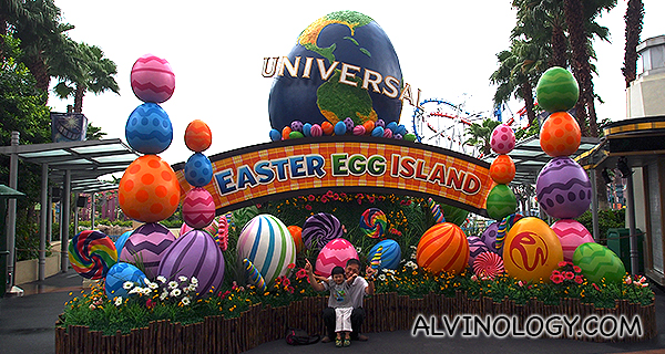 Asher and my dad at the special Easter installation in Universal Studio Singapore