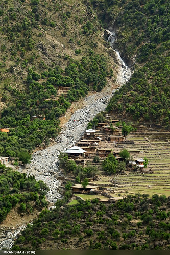 trees pakistan mountains building water landscape rocks stream structures location elements vegetation fields greenery settlement pattan kohistan kpk