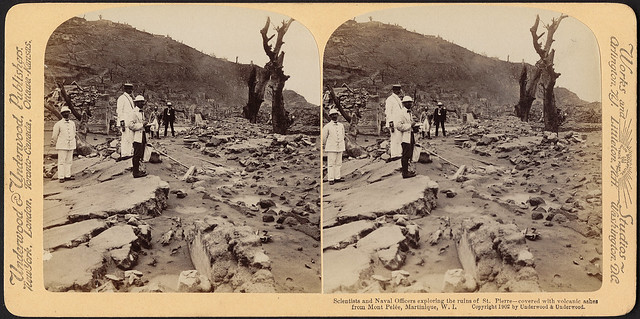 Scientists and naval officers exploring the ruins of St. Pierre - covered with volcanic ashes from Mont Pelée, Martinique, W.I.