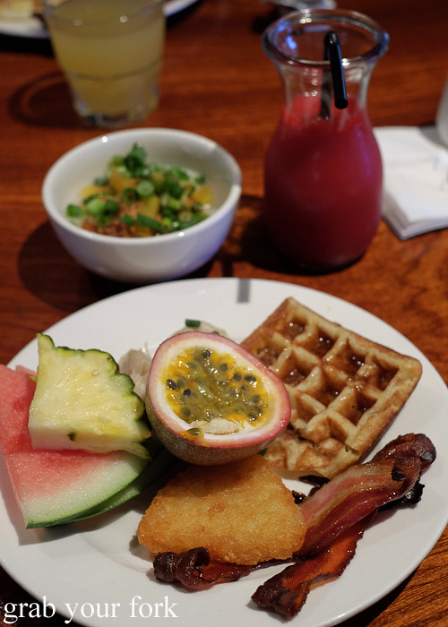 Congee, waffles, bacon, hash brown and fruit salad from the Food Fantasy buffet breakfast, Jupiters Gold Coast
