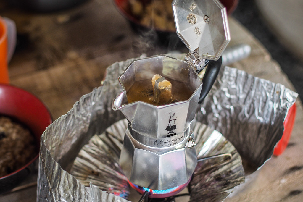 Bialletti coffee maker on MSR Whisperlite stove at Hobetsu Campground, Hokkaido, Japan