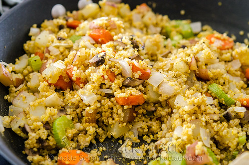 close up of quinoa stuffing in a pan
