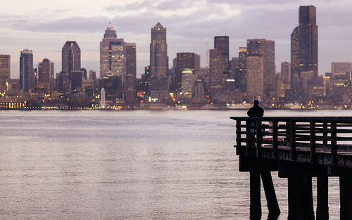 seattle city morning man skyline canon pier fishing fisherman downtown dof cloudy bokeh depthoffield pugetsound washingtonstate columbiatower greatwheel canon135mmf2lusm canoneos5dmarkiii