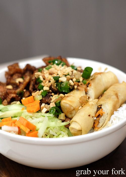 Bun thit nuong cha do vermicelli salad with bbq pork and spring rolls at Me Oi, Strathfield
