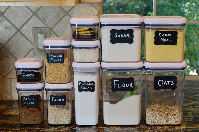 OXO containers with labels filled with ingredients.
