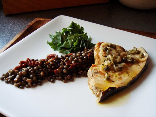 Seared Swordfish with Frilly Herb Salad, Lentils de Provence