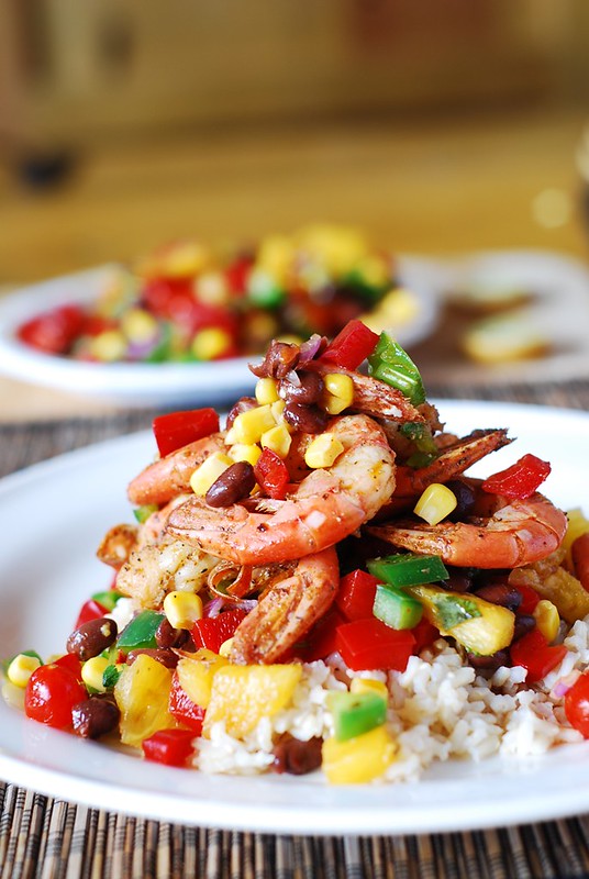 Shrimp with mango salsa and rice