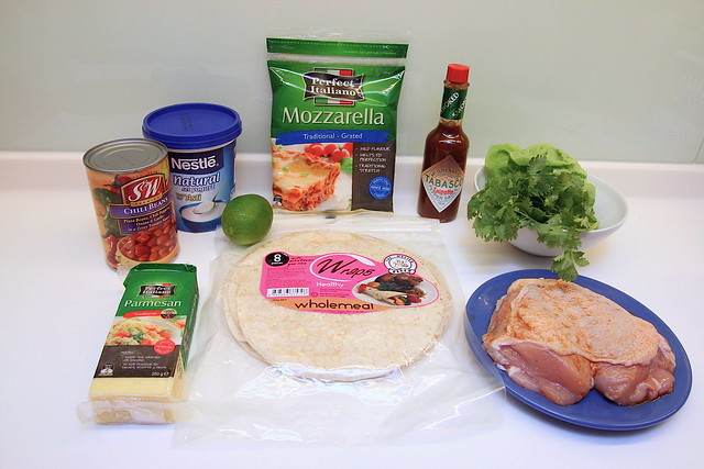 Ingredients for cheesy chipotle chicken quesadilla