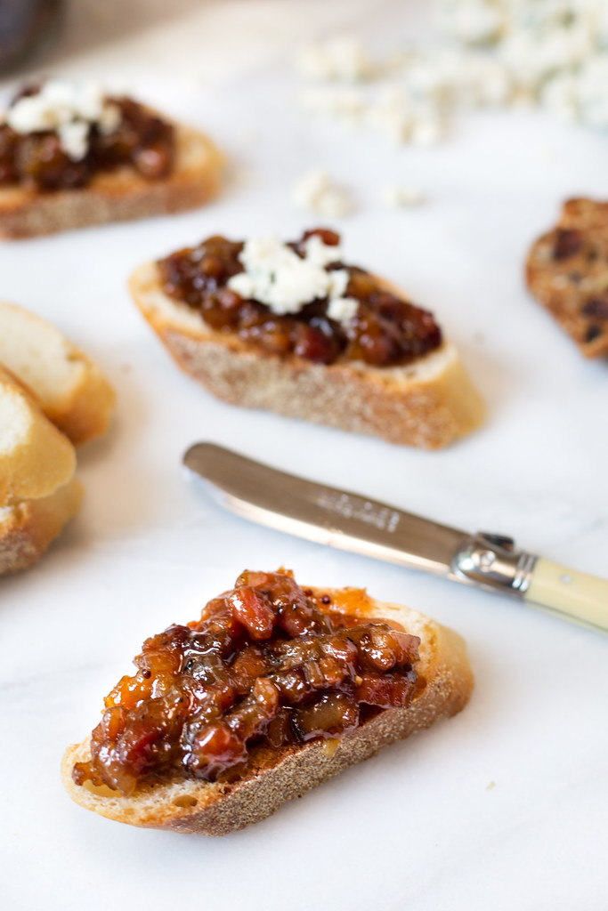 Bacon Peach Jam on bread with blue cheese