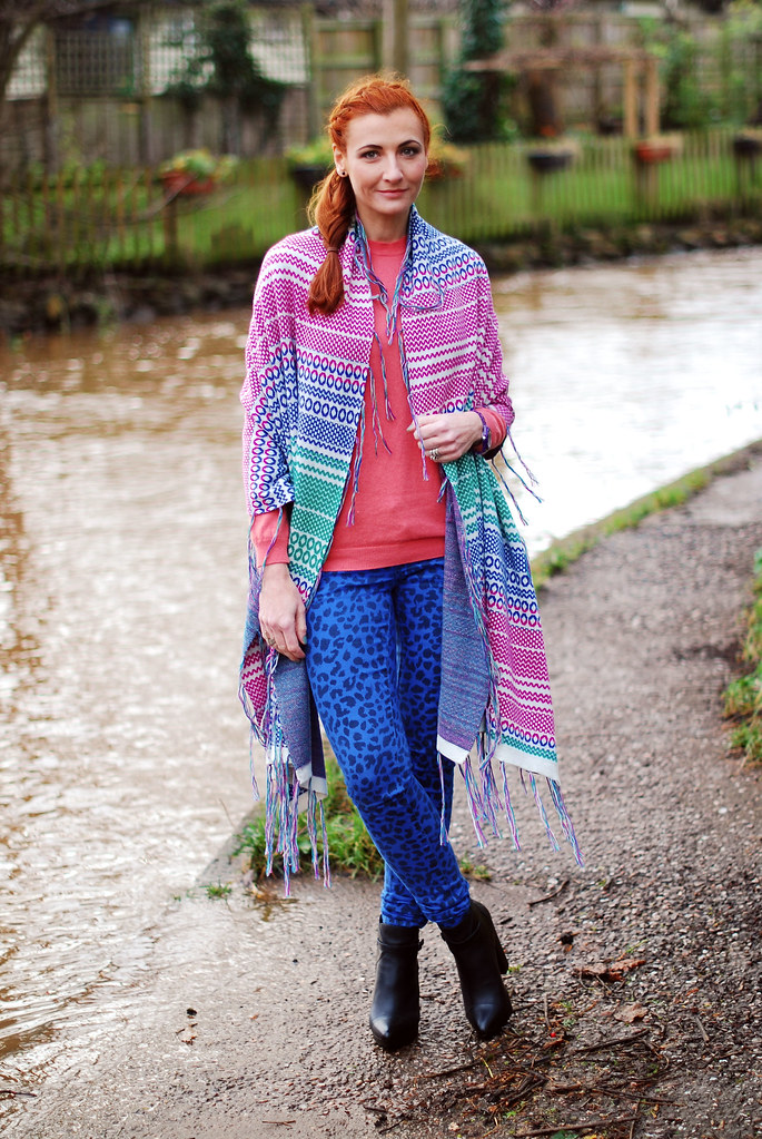 Multicoloured shawl, coral sweater & blue leopard print skinnies