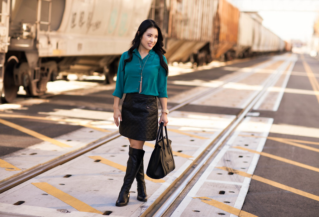 cute & little blog | teal silk top, sheinside leather quilted skirt, vince camuto bedina over-the-knee otk black boots outfit | petite fashion