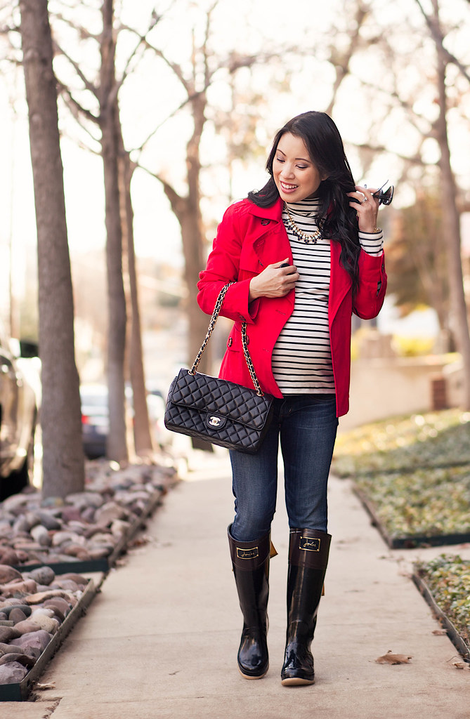 <a href="https://cuteandlittle.com" rel="nofollow">cuteandlittle.com</a> | petite fashion blog | red trench, black / white striped turtleneck, citizens maternity jeans, joules evedon black bow rain bow boot wellies | fall outfit