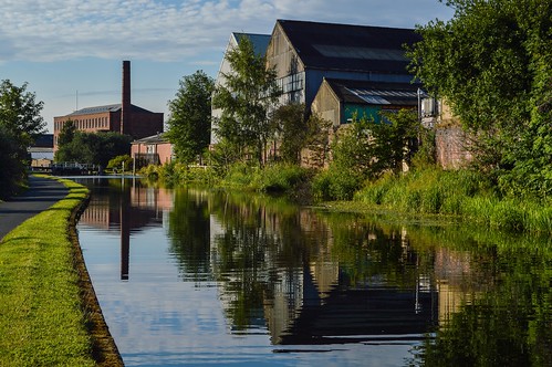 chimney urban reflection tree mill water grass liverpool buildings landscape canal path leeds scenary towpath
