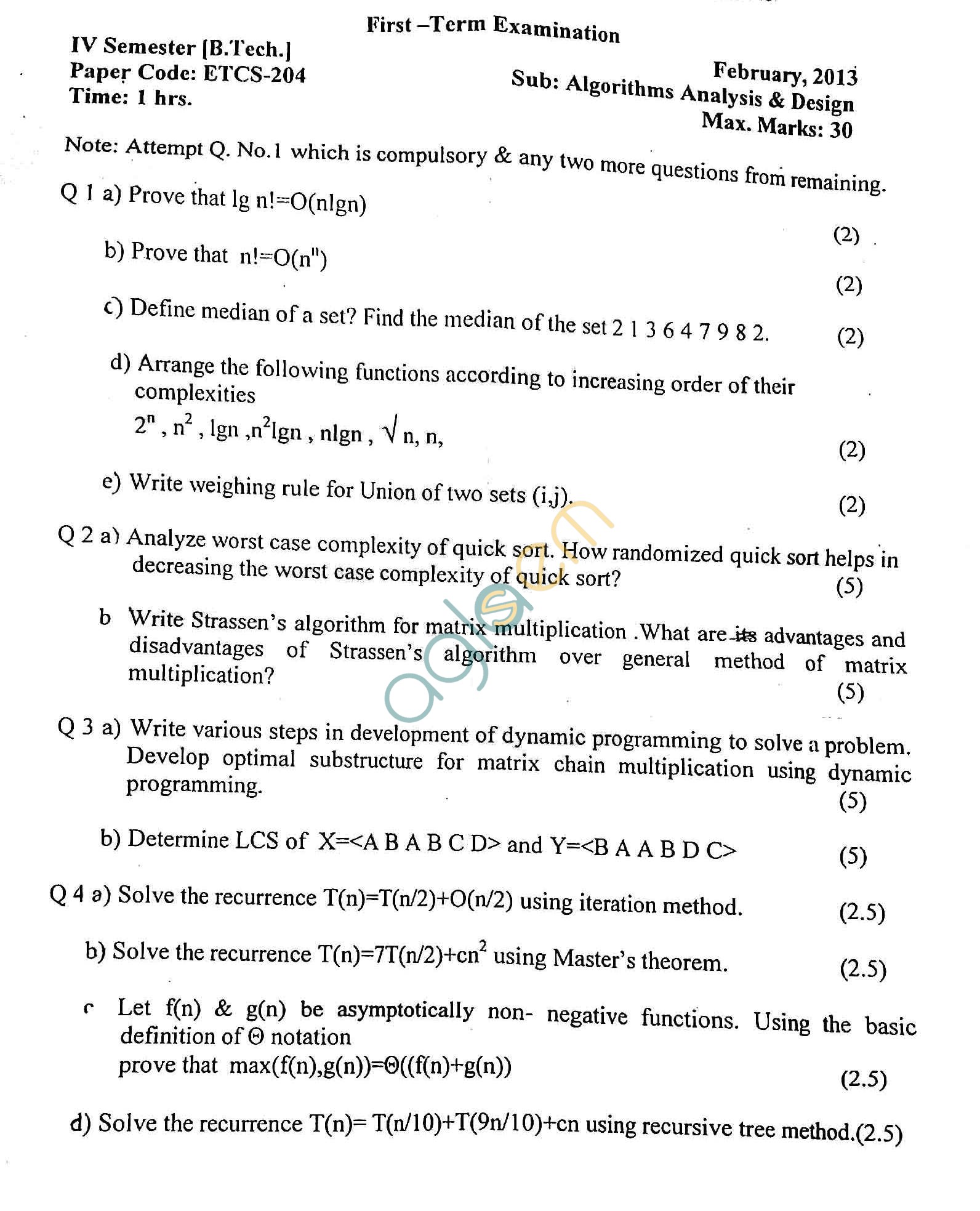 GGSIPU Question Papers Fourth Semester – First Term 2013 – ETCS-204