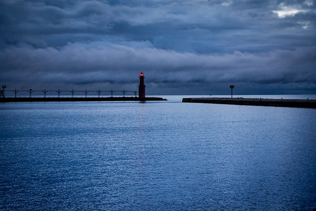 Lighthouse, Clouds, Early Morning, Harbor, Pier, Water, Lake Michigan, Blue