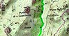 Carte détaillée de la Punta di u Castellacciu avec les parcours d'approche en bleu et les deux voies d'ascension en rouge