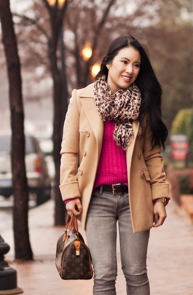 cute & little blog | hot pink sweater, leopard scarf, camel peacoat, gray jeans, speedy 25 outfit