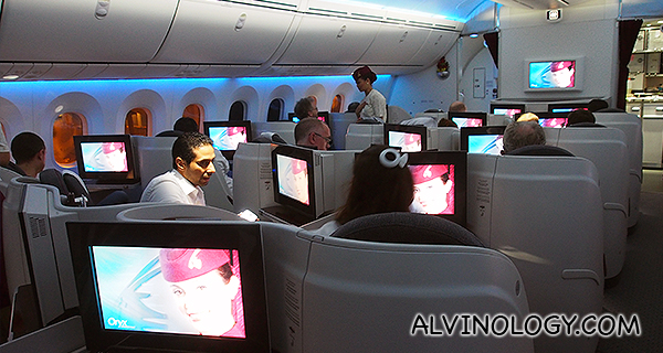 Business Class cabin in the Qatar Airways 747 Dreamliner 